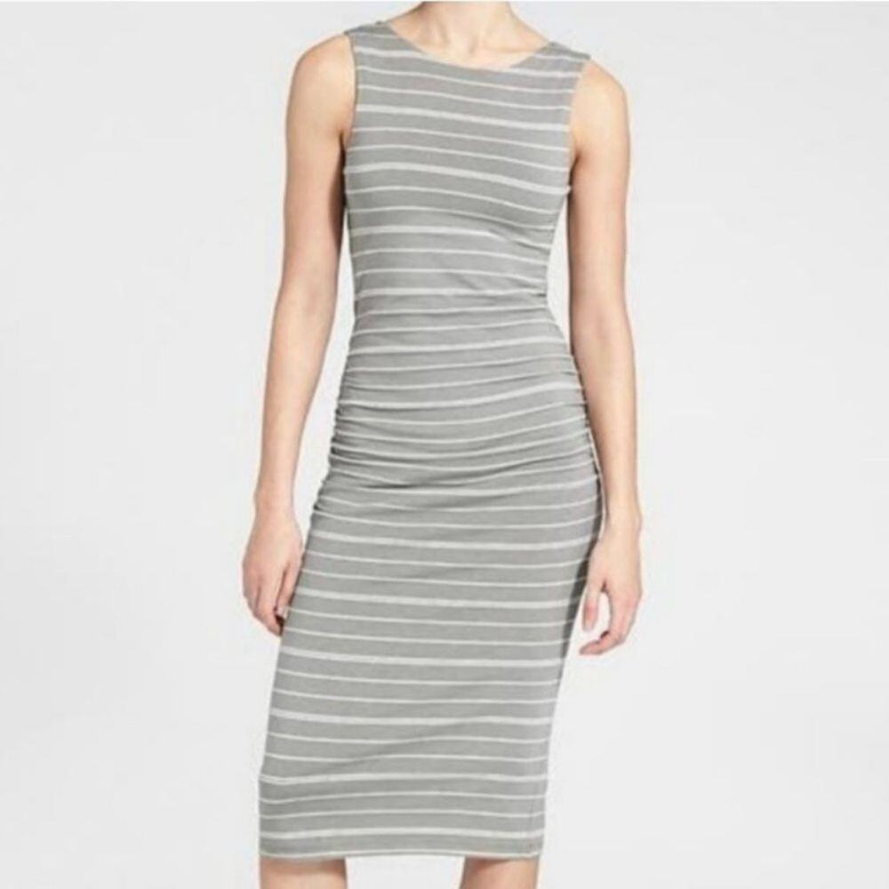 ATHLETA NEW Comeback Striped Bodycon Tank Midi Dress – Gray/White, Size Small